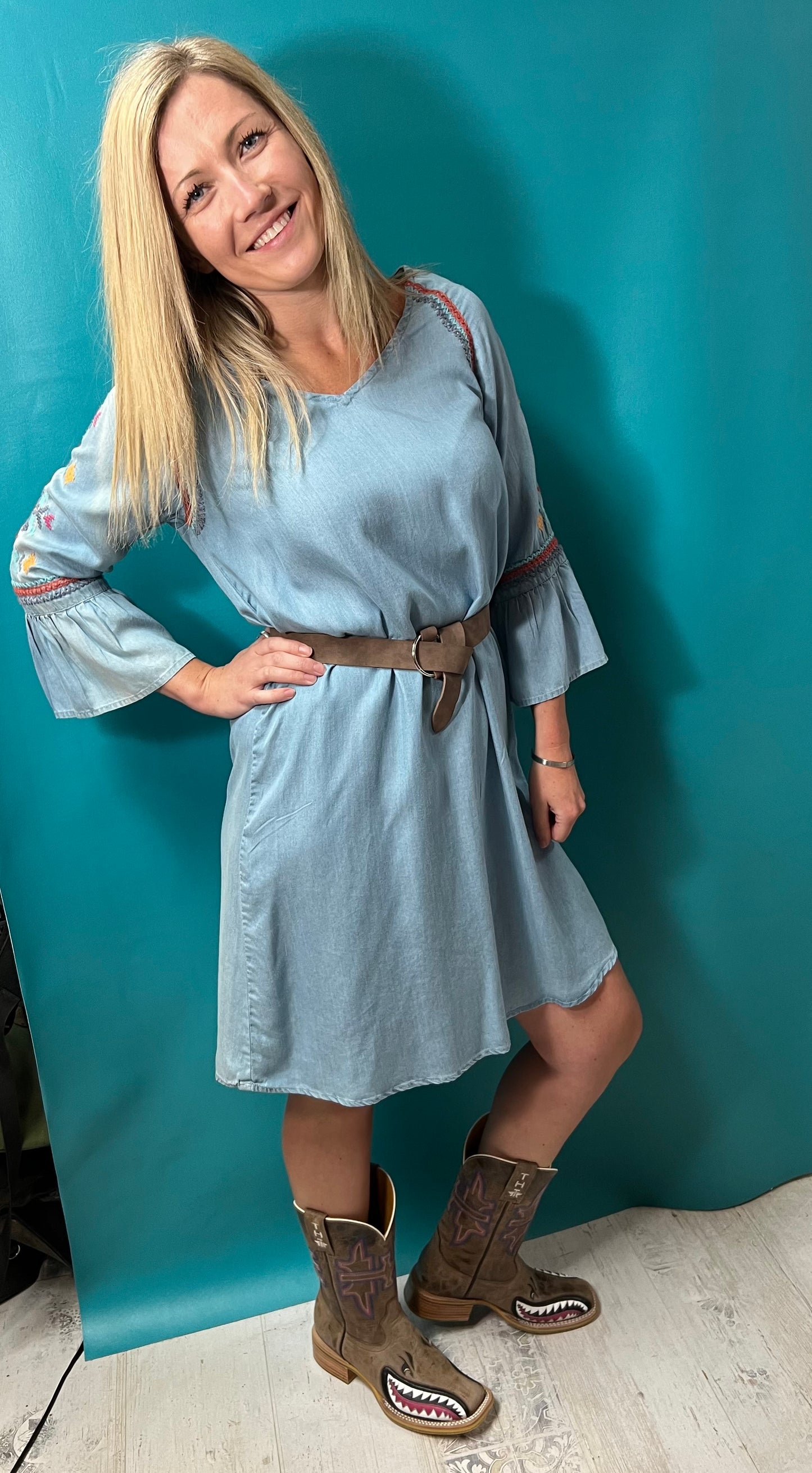 Blue Denim Roper Embroidered 3/4 Sleeve Dress, S