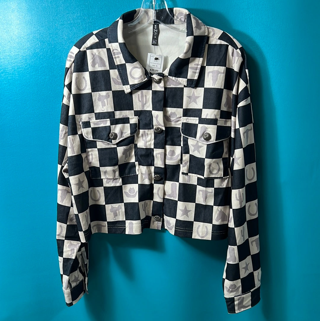 Black/White Buckaroo Bandits Corduroy Crop Checkered Jacket, XL