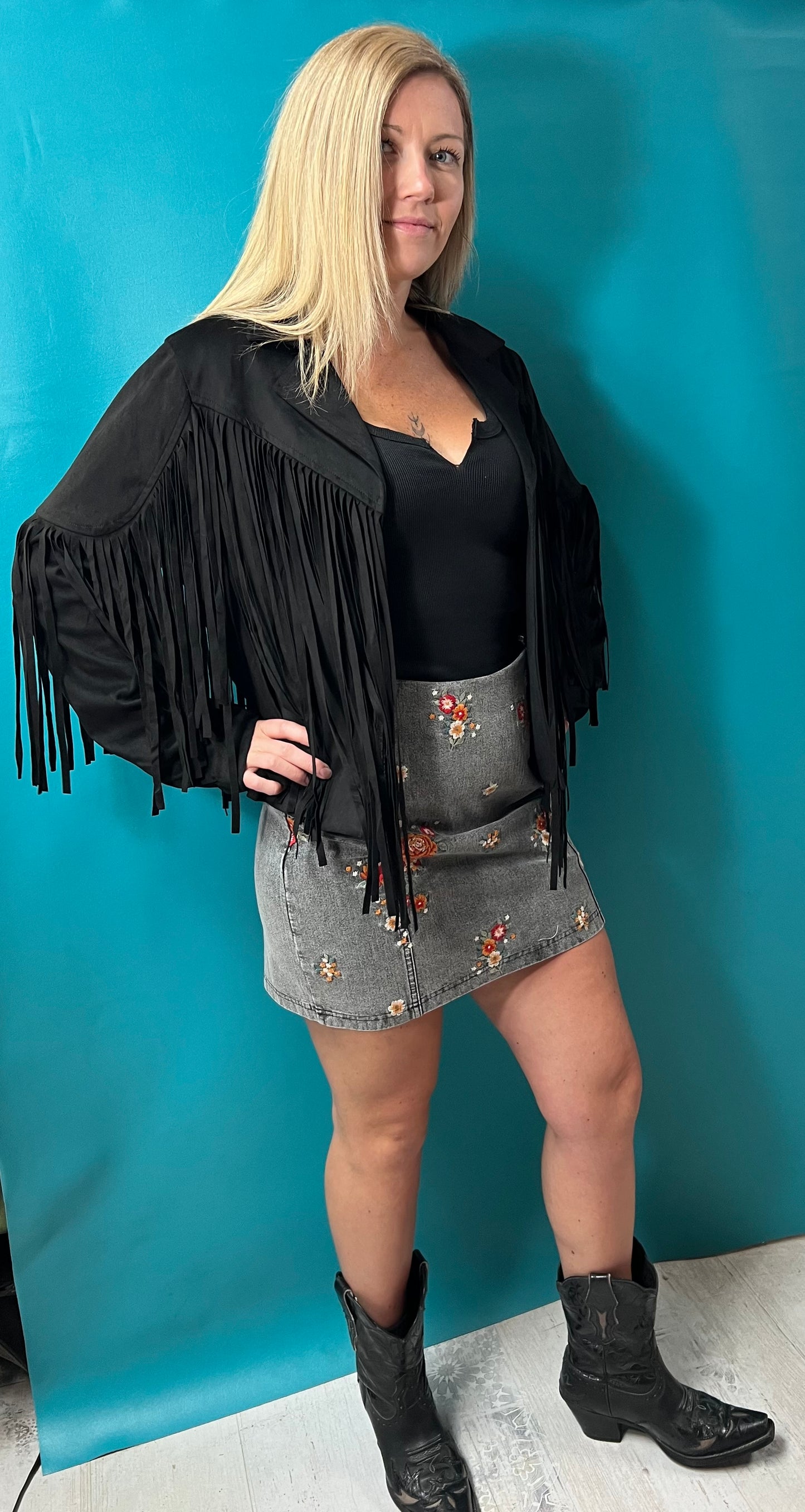 Black Denim Skirt W/Flowers, L