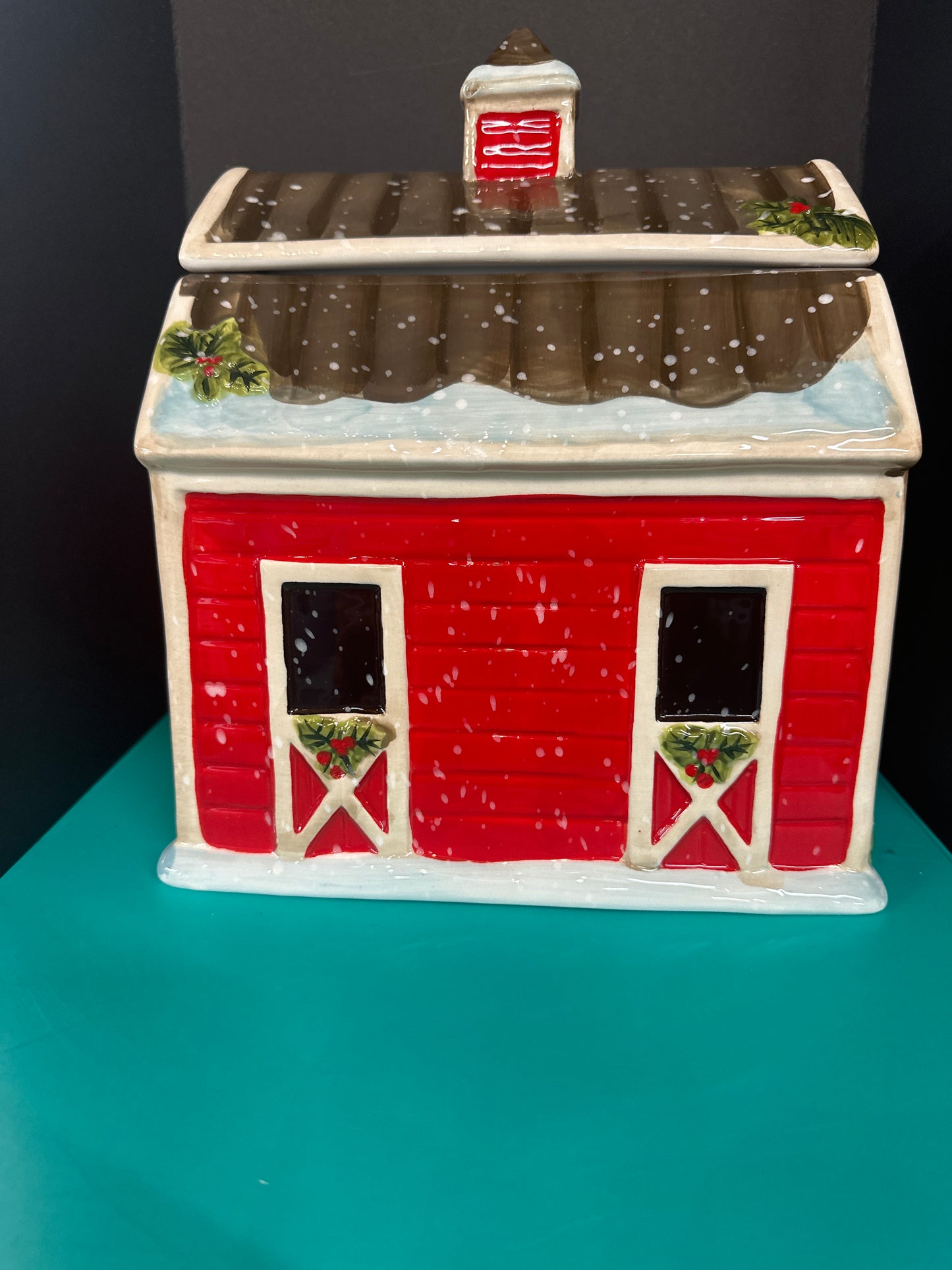 Red Certified International Christmas Barn Cookie Jar