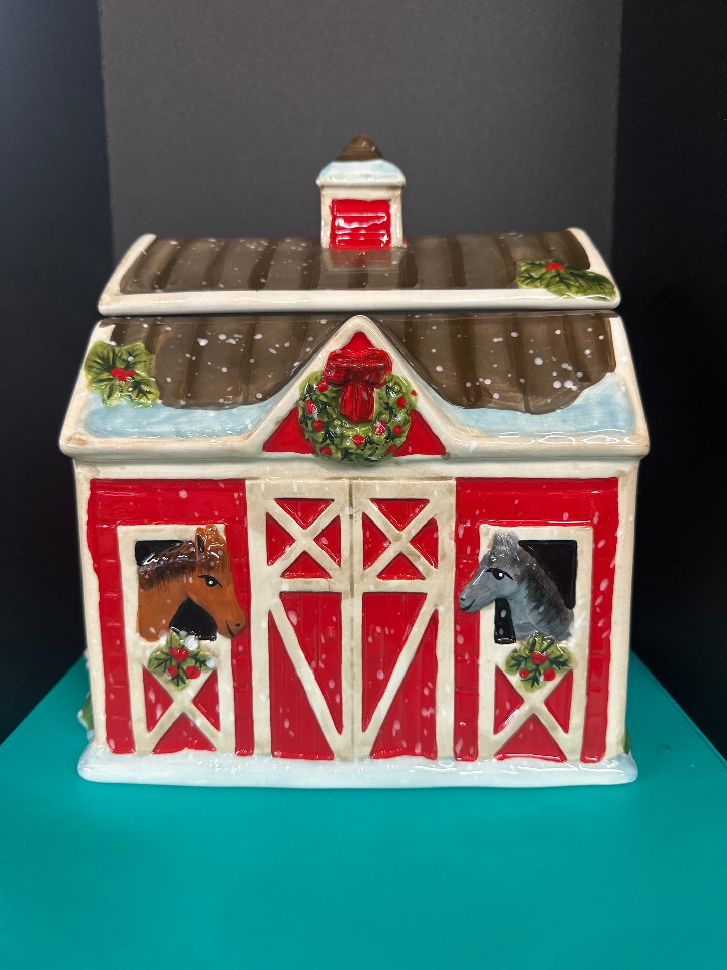 Red Certified International Christmas Barn Cookie Jar