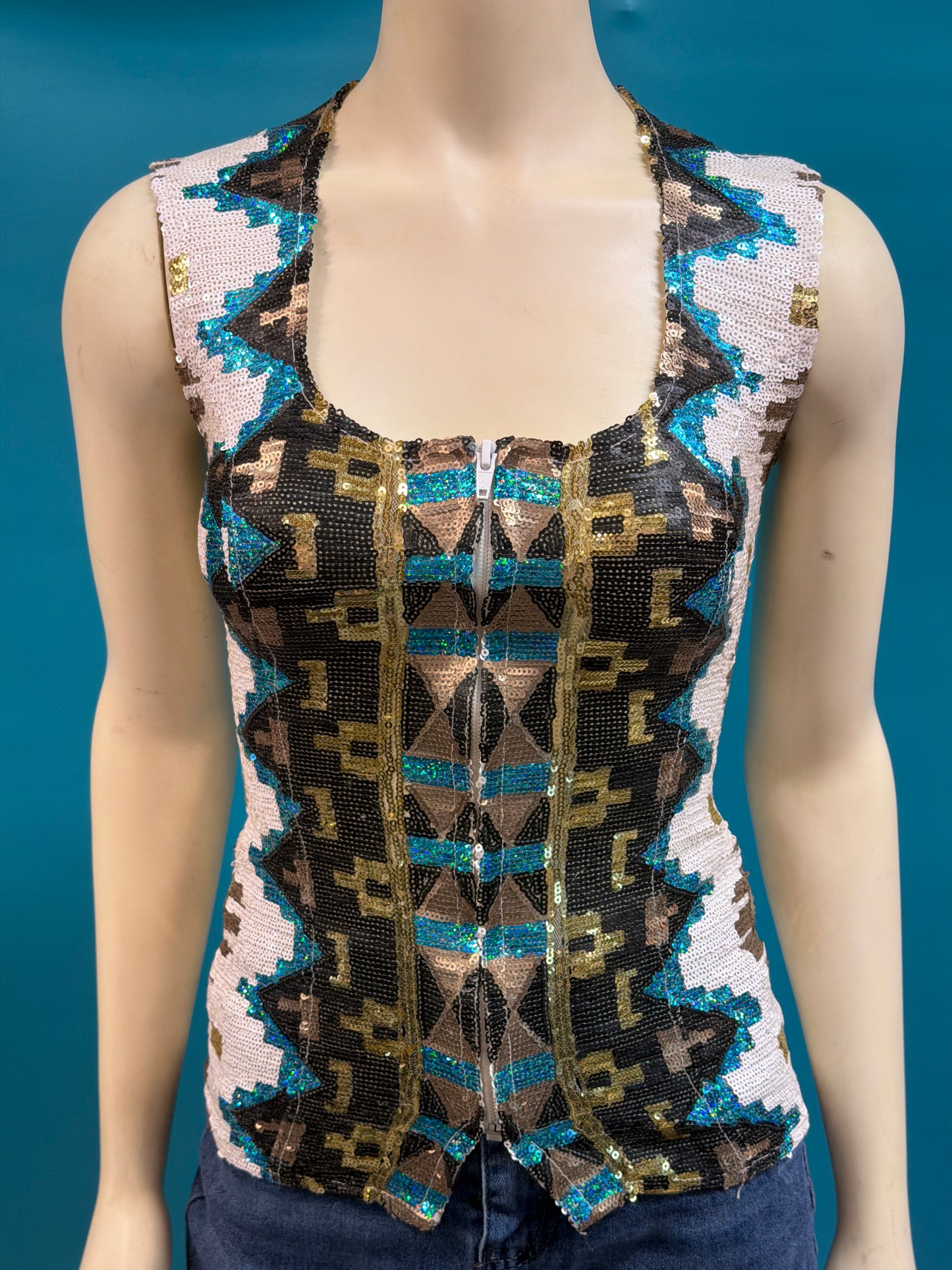 White/gold/black/turquoise Miss Karla's Closet Sequin Vest, XS