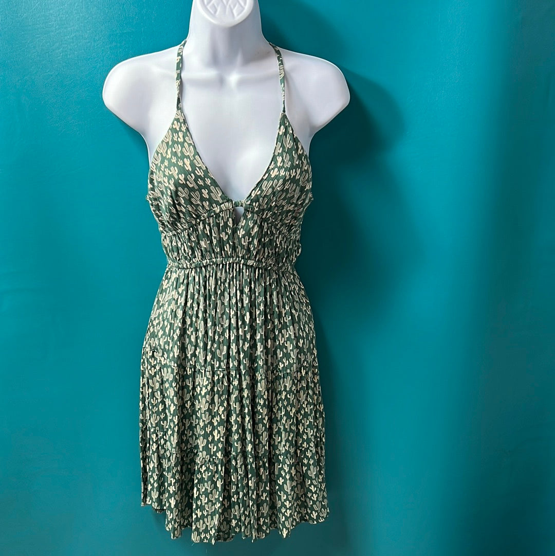 Green Cactus Print Angie Dress With Keyhole, S