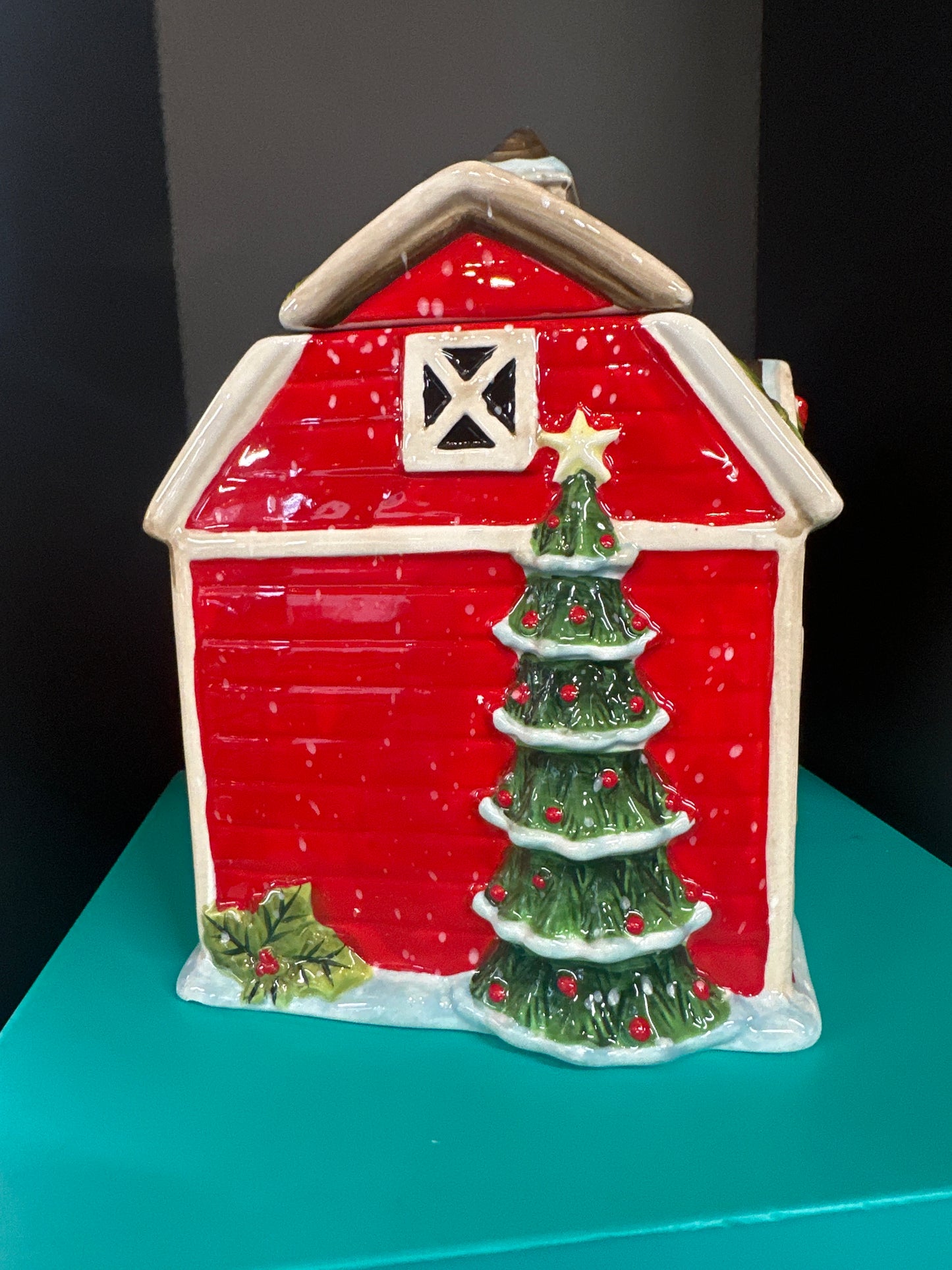 Red Certified International Christmas Barn Cookie Jar