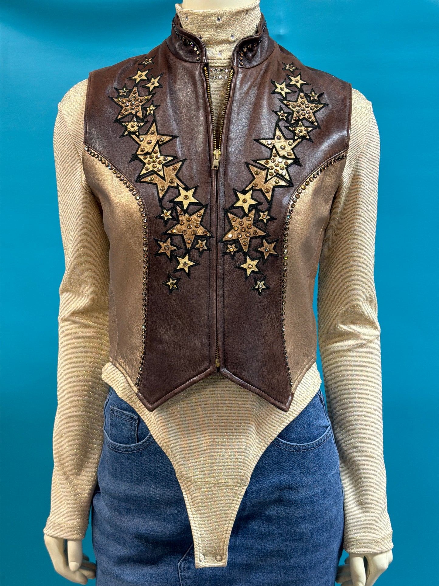 Brown/gold w/stars Kippy's Leather vest w/ shirt, YS