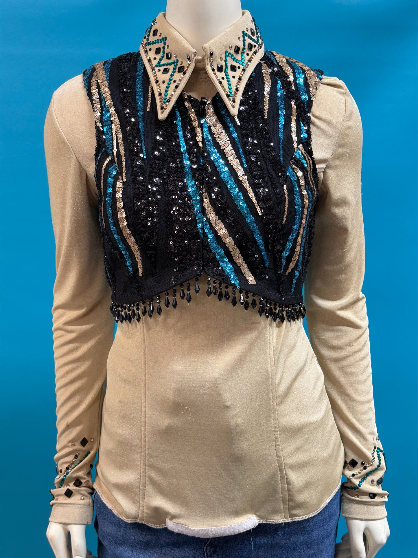Gold/black/turquoise Show Dressed Up Lycra shirt w/sequin vest, S