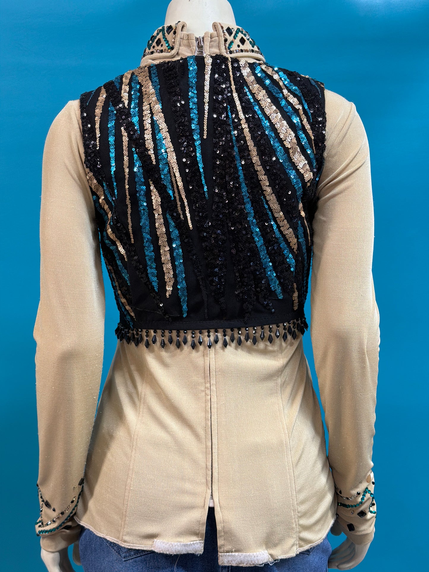 Gold/black/turquoise Show Dressed Up Lycra shirt w/sequin vest, S
