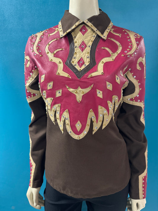 Brown/Pink/Tan Valencia Leather Detailed Show Shirt, L