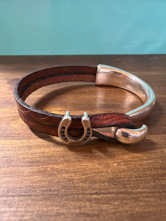 Montana Leather Horseshoe Leather and Silver Bracelet