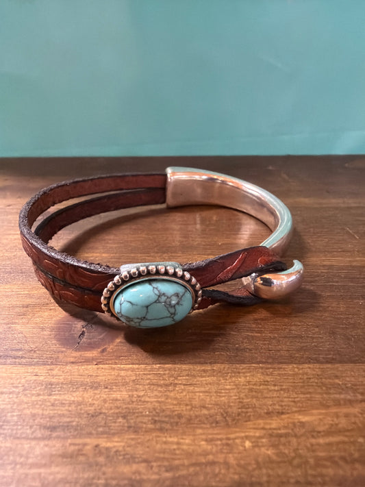 Montana Leather Gemstone Turquoise Half Bracelet, Embossed